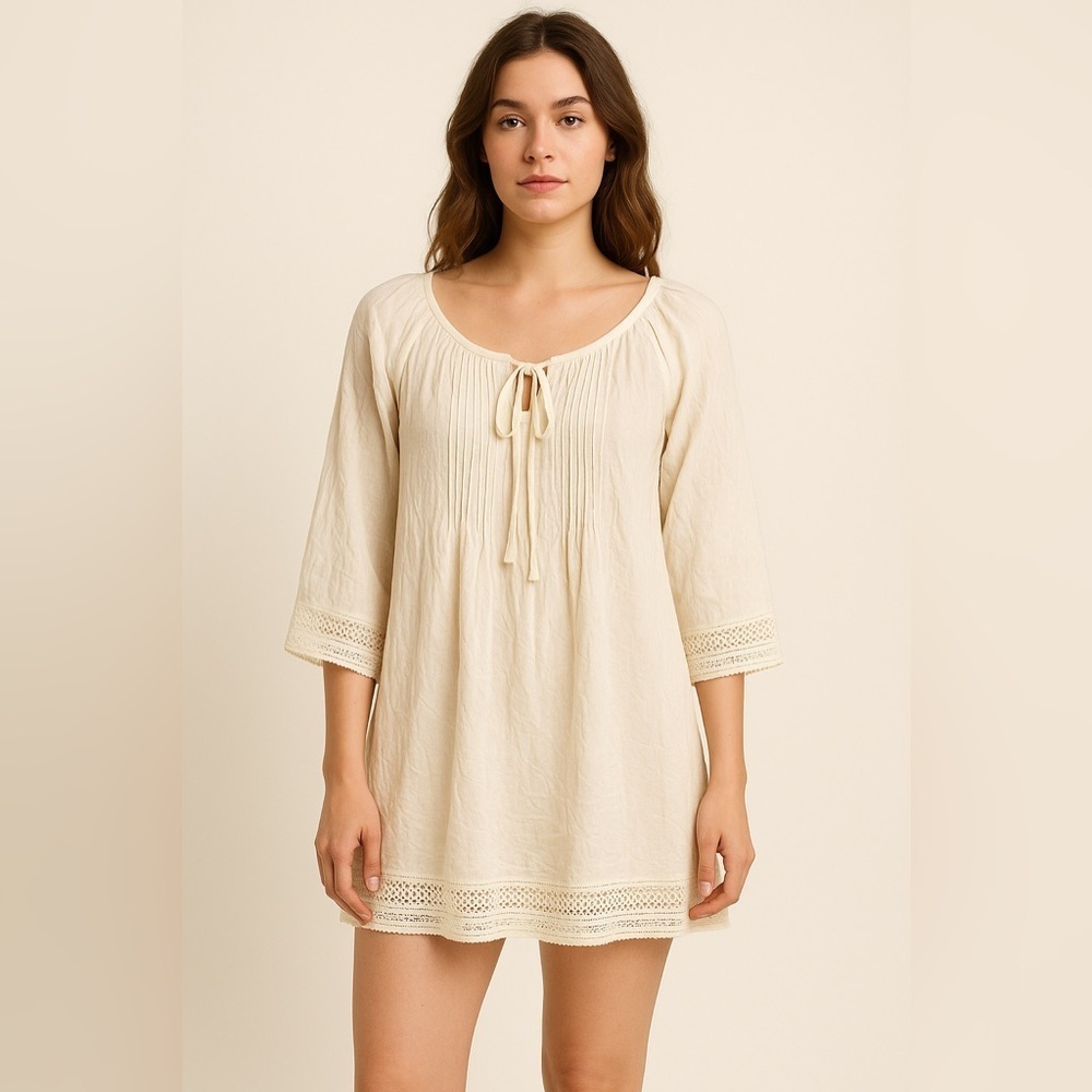 Aimage Women’s Cream Ivory Pintuck Boho Tunic Mini Dress L Semi Sheer Crochet
